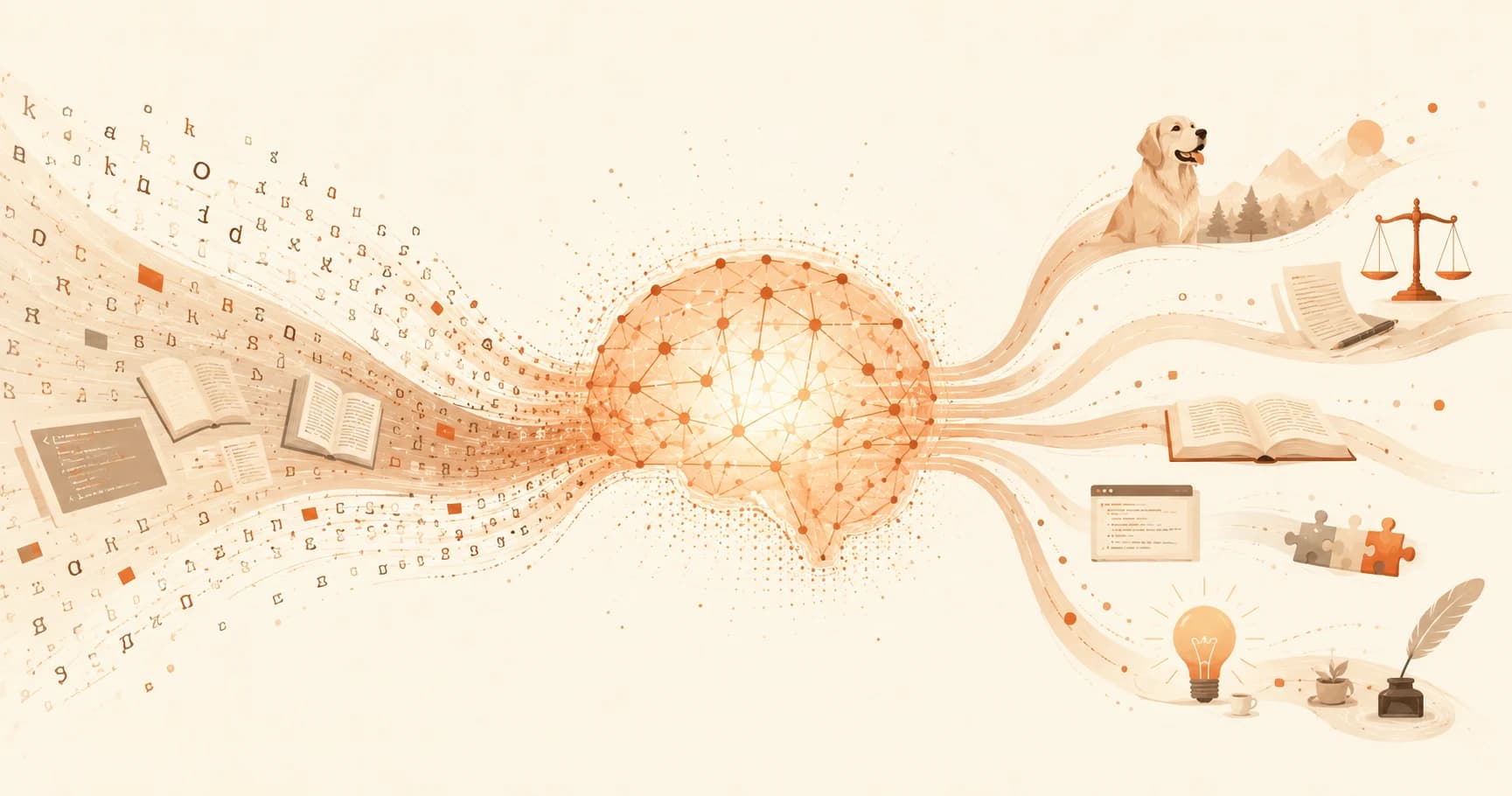 Editorial illustration of text and code streaming into a glowing neural network brain, branching out into everyday tasks like writing, translation, and legal review