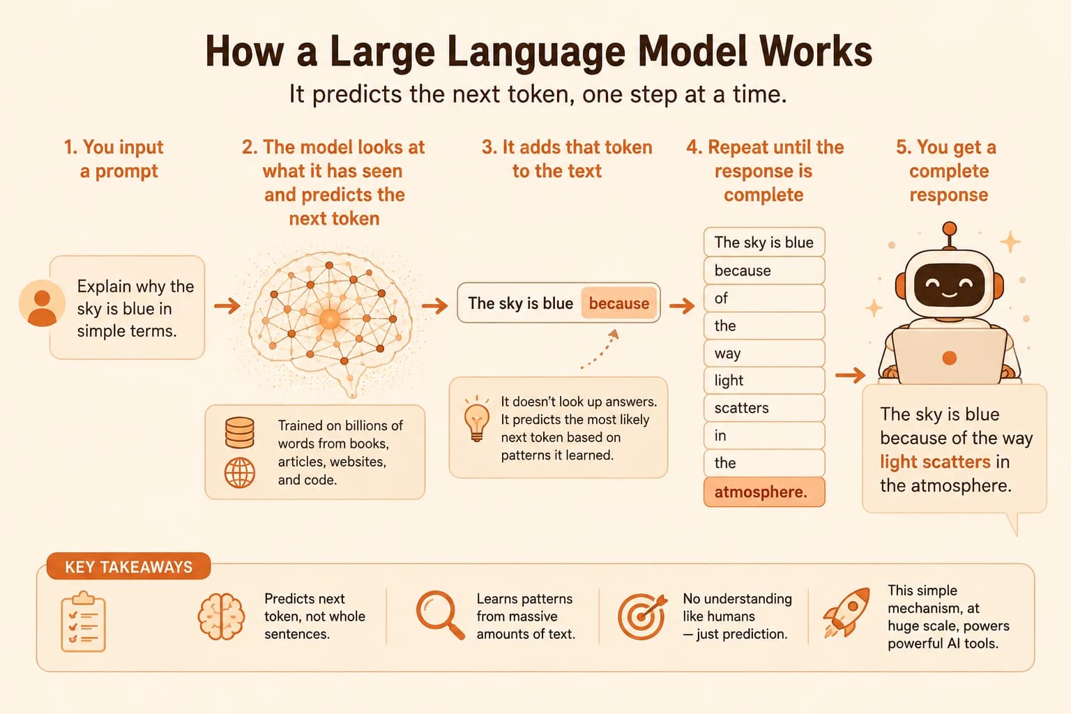 Five-step diagram showing how a large language model predicts the next token one step at a time, from prompt to complete response