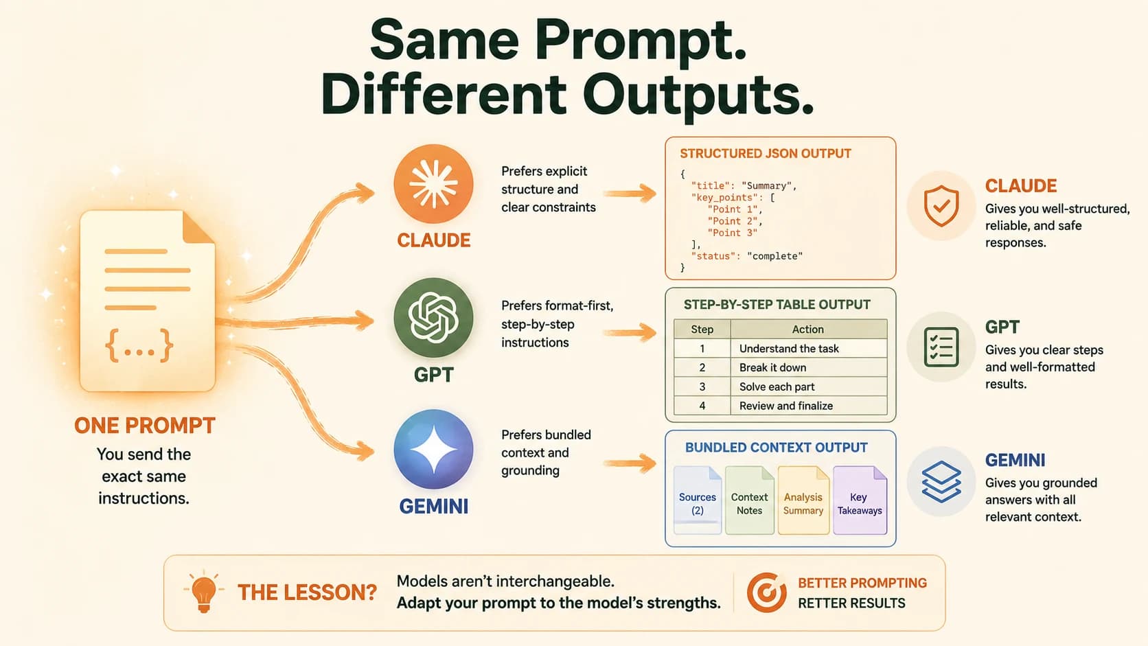 Diagram showing one identical prompt splitting into three different paths toward Claude, GPT, and Gemini, each producing a differently shaped output