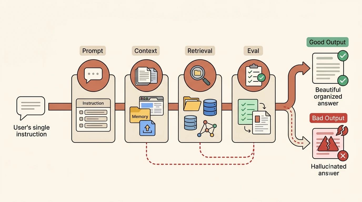 Four-quadrant diagram labeled Prompt, Context, Retrieval, and Eval, each with a small icon representing that failure type