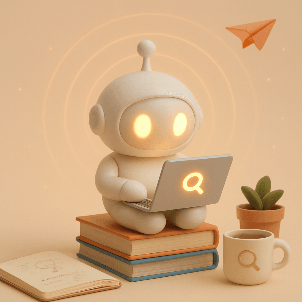 A friendly AI robot holding a laptop, sitting on a stack of books surrounded by coffee, a plant, and a notebook