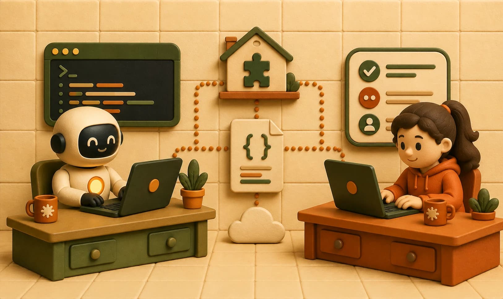 A robot typing a terminal command while a matching server hut appears at a teammate's workbench