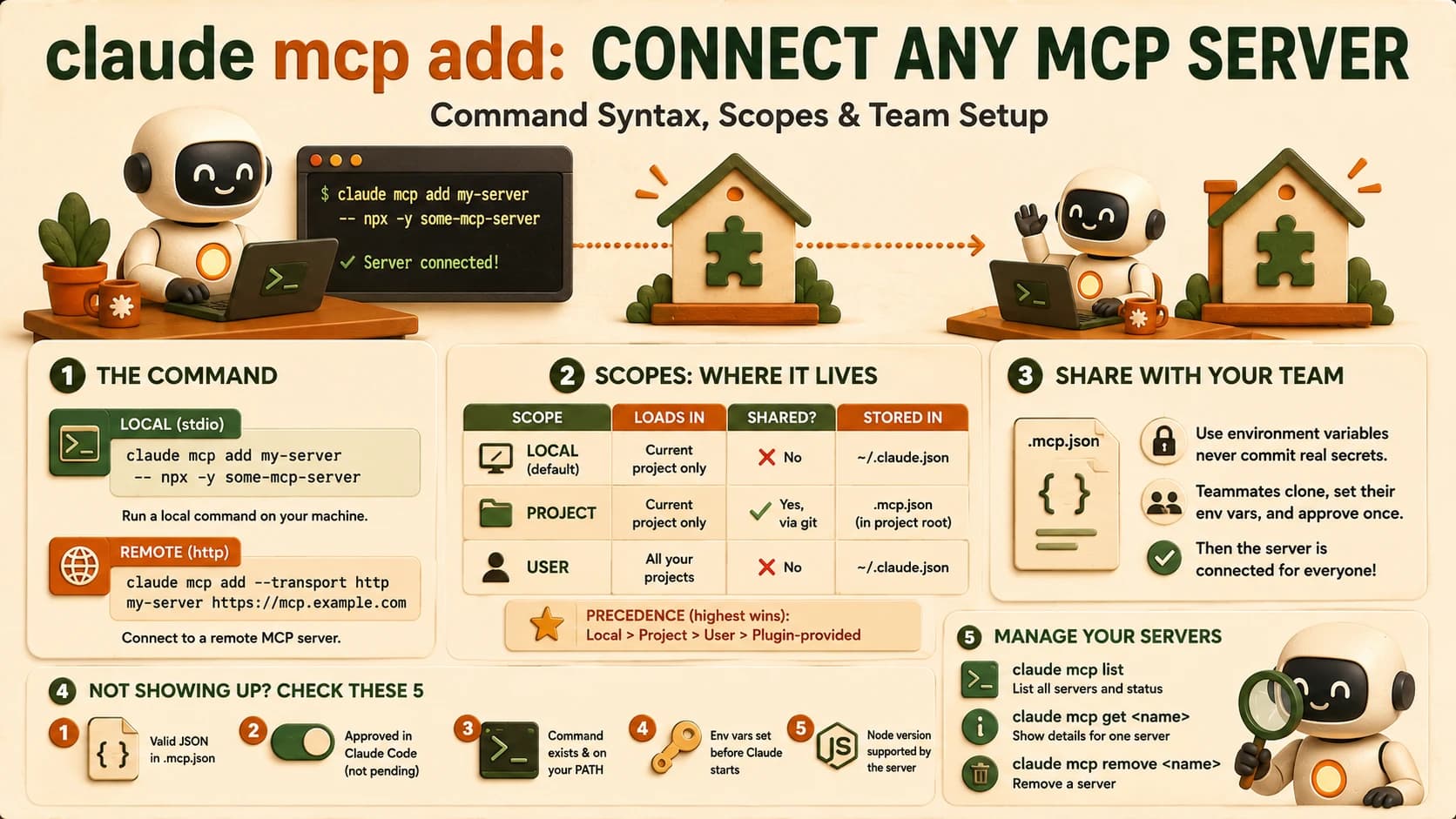Infographic showing the claude mcp add command, the three scopes, team sharing steps, a five-point troubleshooting checklist, and server management commands