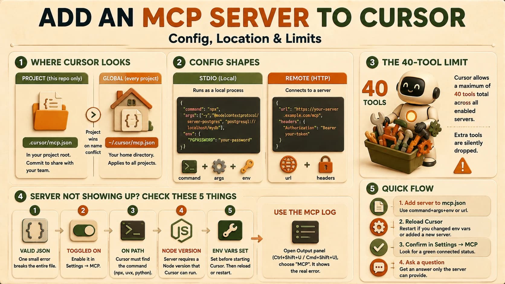 Cheat sheet infographic: where Cursor looks for MCP config, stdio vs remote config shapes, the 40-tool limit, the five-check troubleshooting list, and a quick setup flow