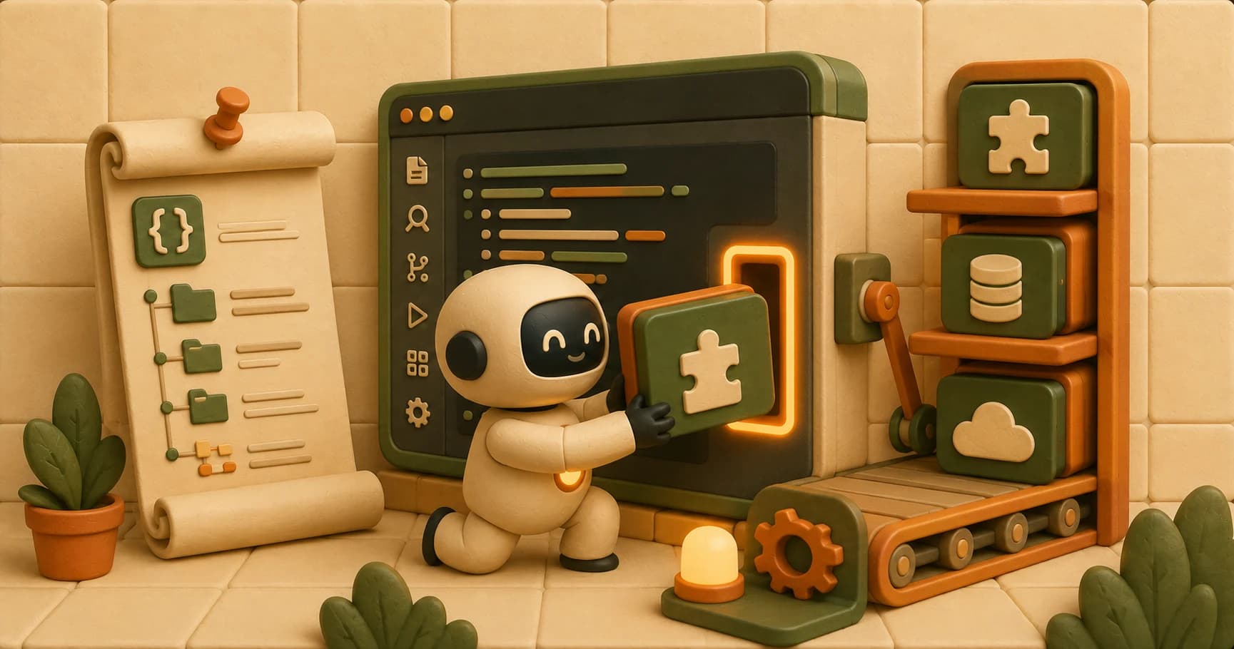 A robot slotting a labeled server cartridge into a port on the side of a glowing editor