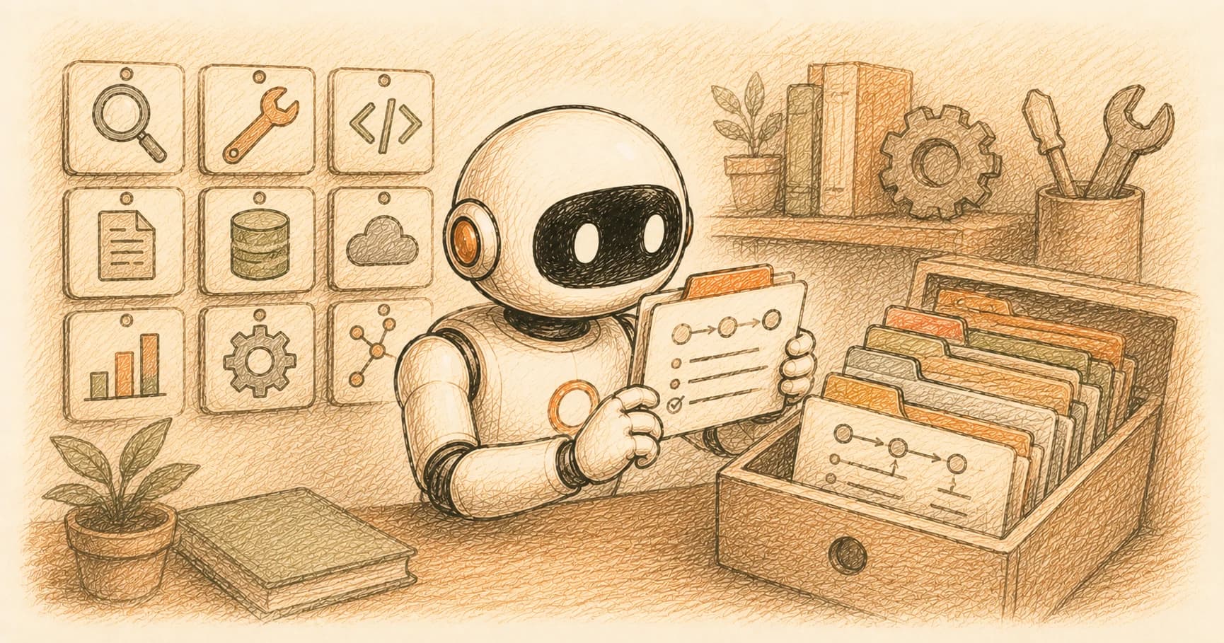 A cream-white robot illustration holding a labeled skill card with steps and a checkmark, standing at a desk with a filing box of skill cards and a wall of capability icons behind it