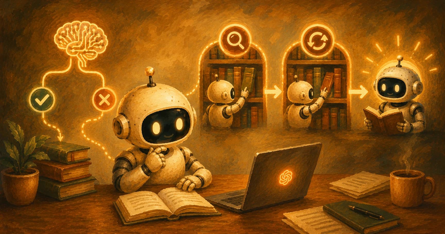 A robot deciding at a shelf whether to grab a book, then going back for a second one after a first glance