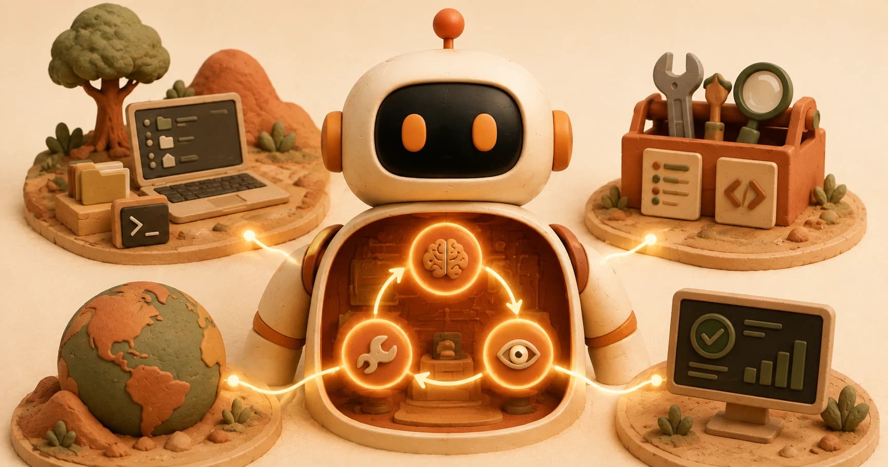 A cutaway illustration of a robot with a glowing three-part loop inside its chest, representing the think-act-observe cycle