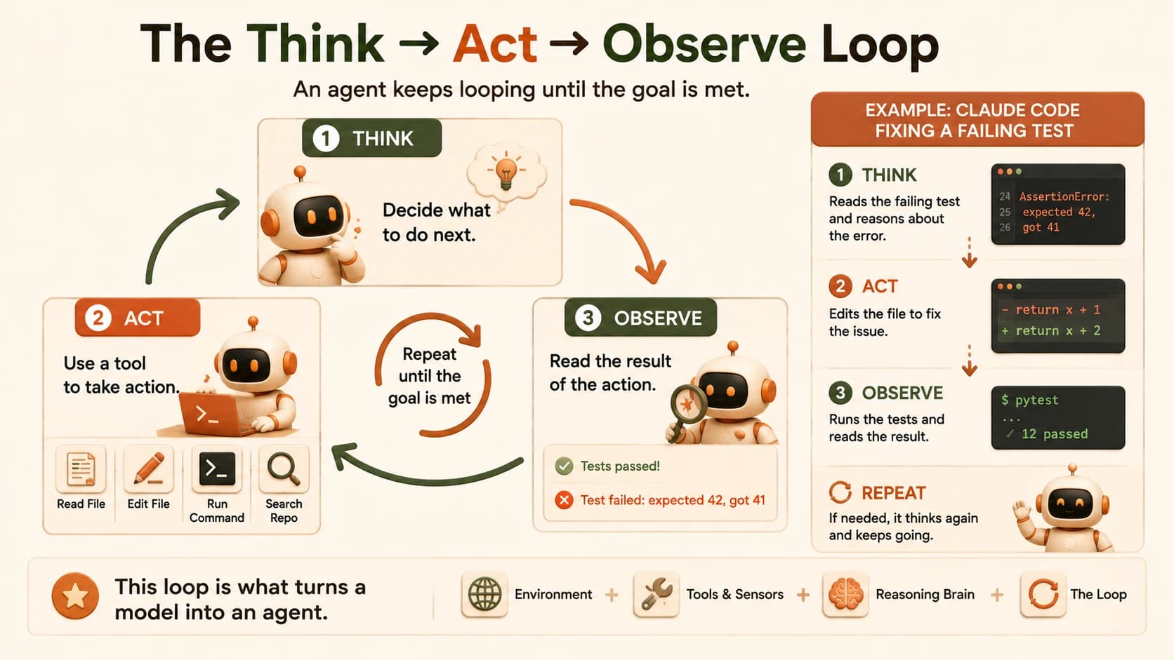 Diagram of the think, act, observe loop with a worked example of Claude Code fixing a failing test