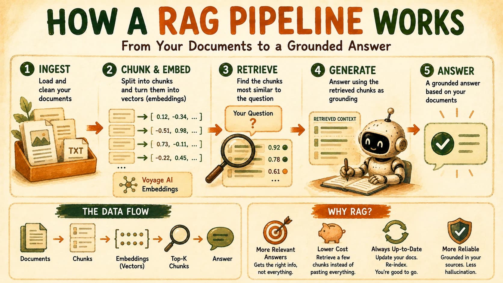 Infographic showing how a RAG pipeline works: ingest documents, chunk and embed them with Voyage AI, retrieve the closest chunks by similarity score, and generate a grounded answer