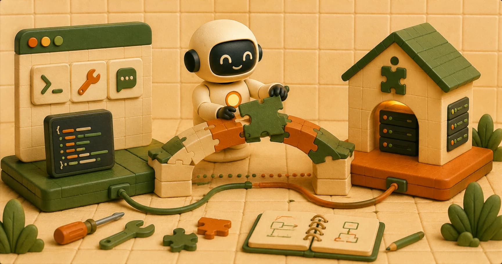 A robot building a phone-operator booth that dials into its own server hut and asks for a tool by name
