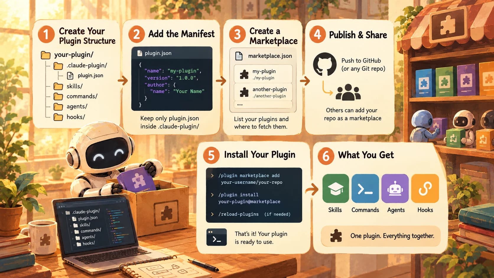 A six-step diagram showing how to structure, manifest, publish, and install a Claude Code plugin
