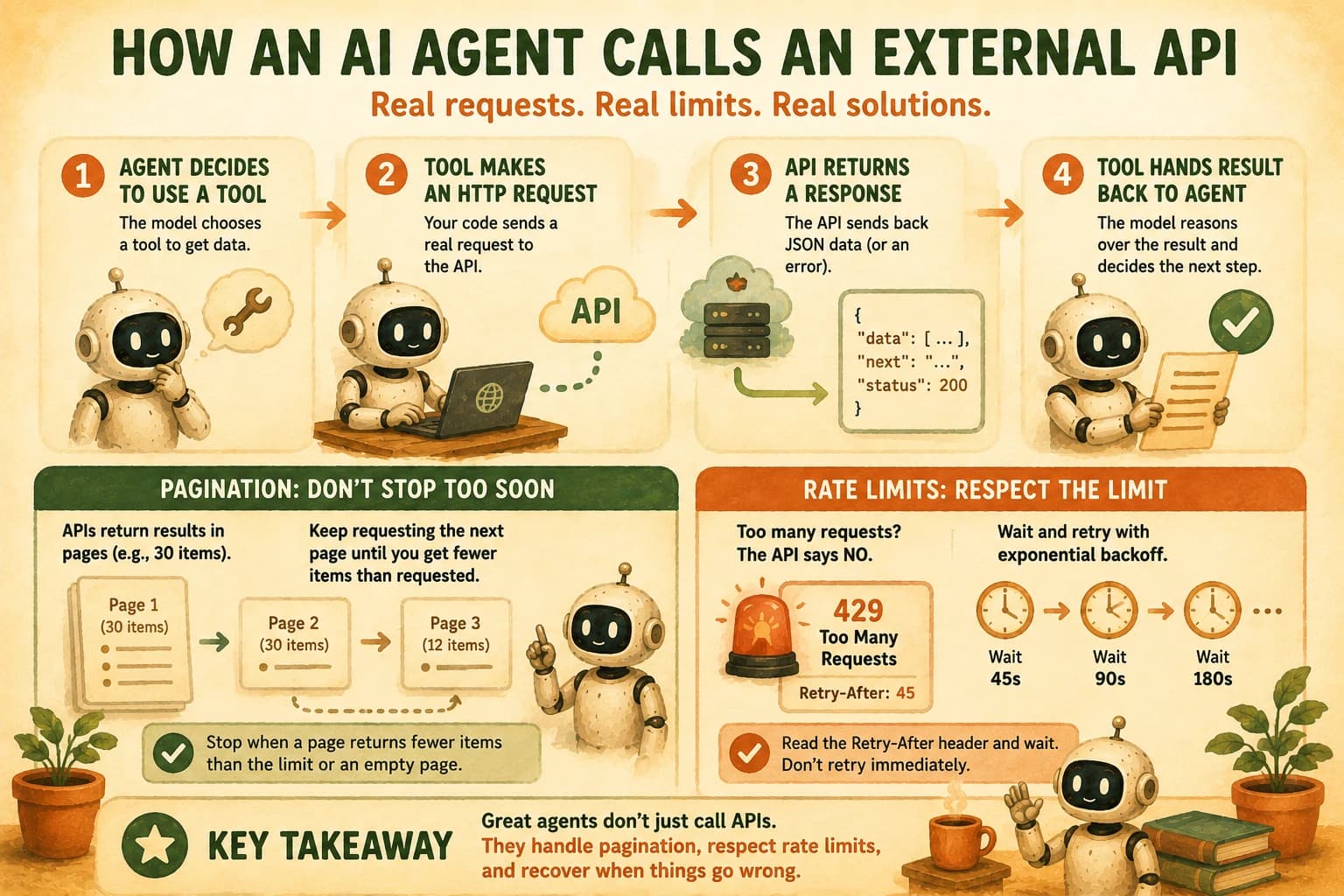 Infographic of an agent's tool-call loop, pagination handling, and rate-limit backoff