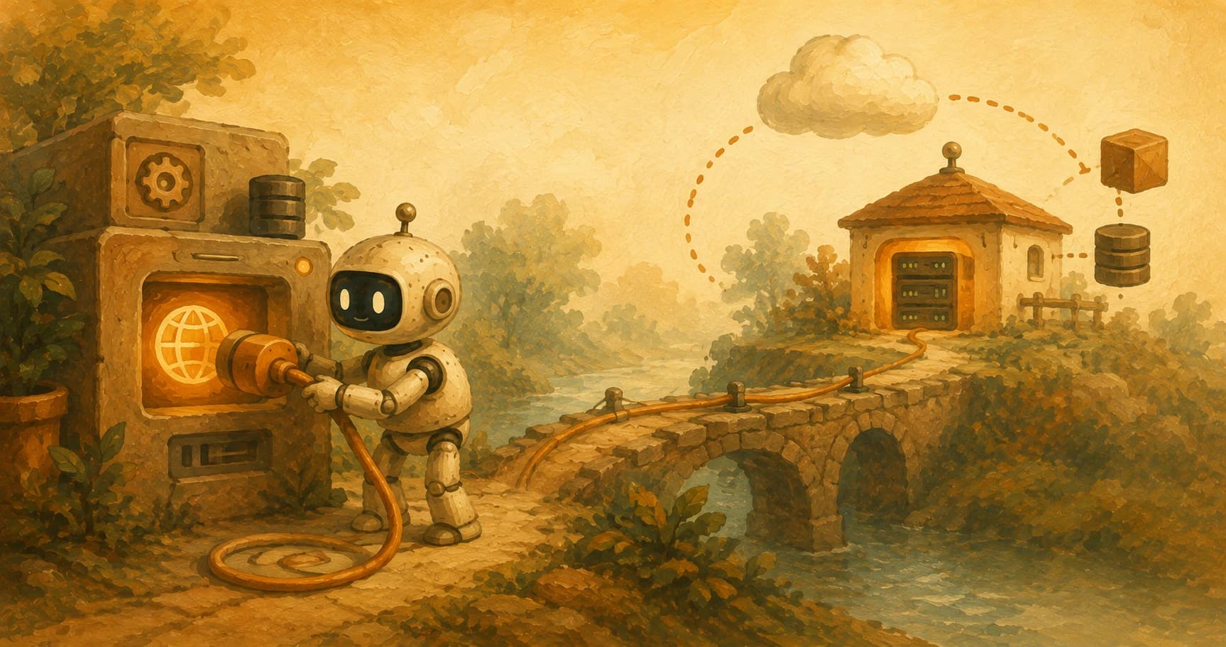 A robot plugging a cable into a distant service hut while a caution lantern blinks