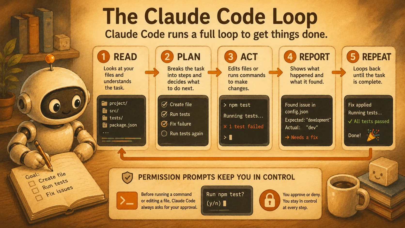 Infographic showing Claude Code's five-step loop: read, plan, act, report, repeat, with a permission-prompt callout