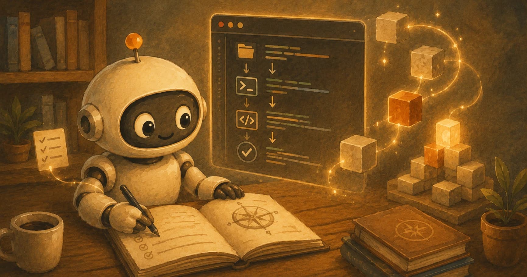 A cream-white robot watching a glowing terminal window autonomously stack blocks into a structure