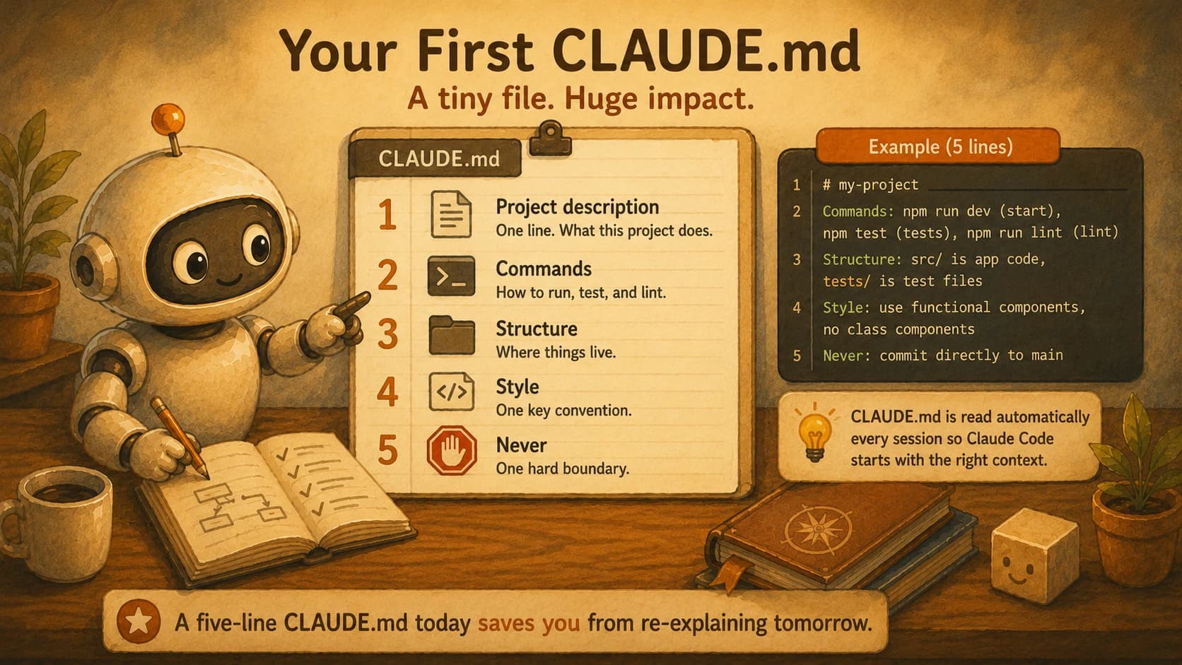Infographic showing the five parts of a first CLAUDE.md file next to a five-line code example