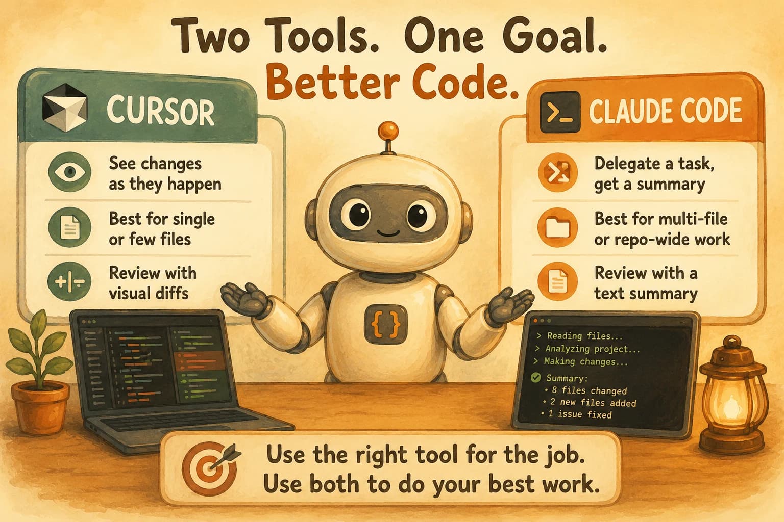 Side-by-side comparison of Cursor and Claude Code strengths, with a robot standing between a laptop showing visual diffs and a terminal showing a text summary
