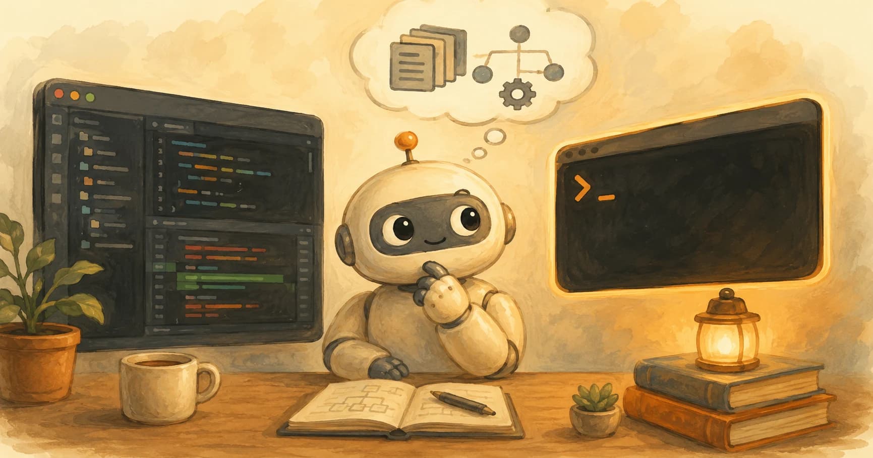 A friendly cream-white robot greeting a glowing terminal window with a face