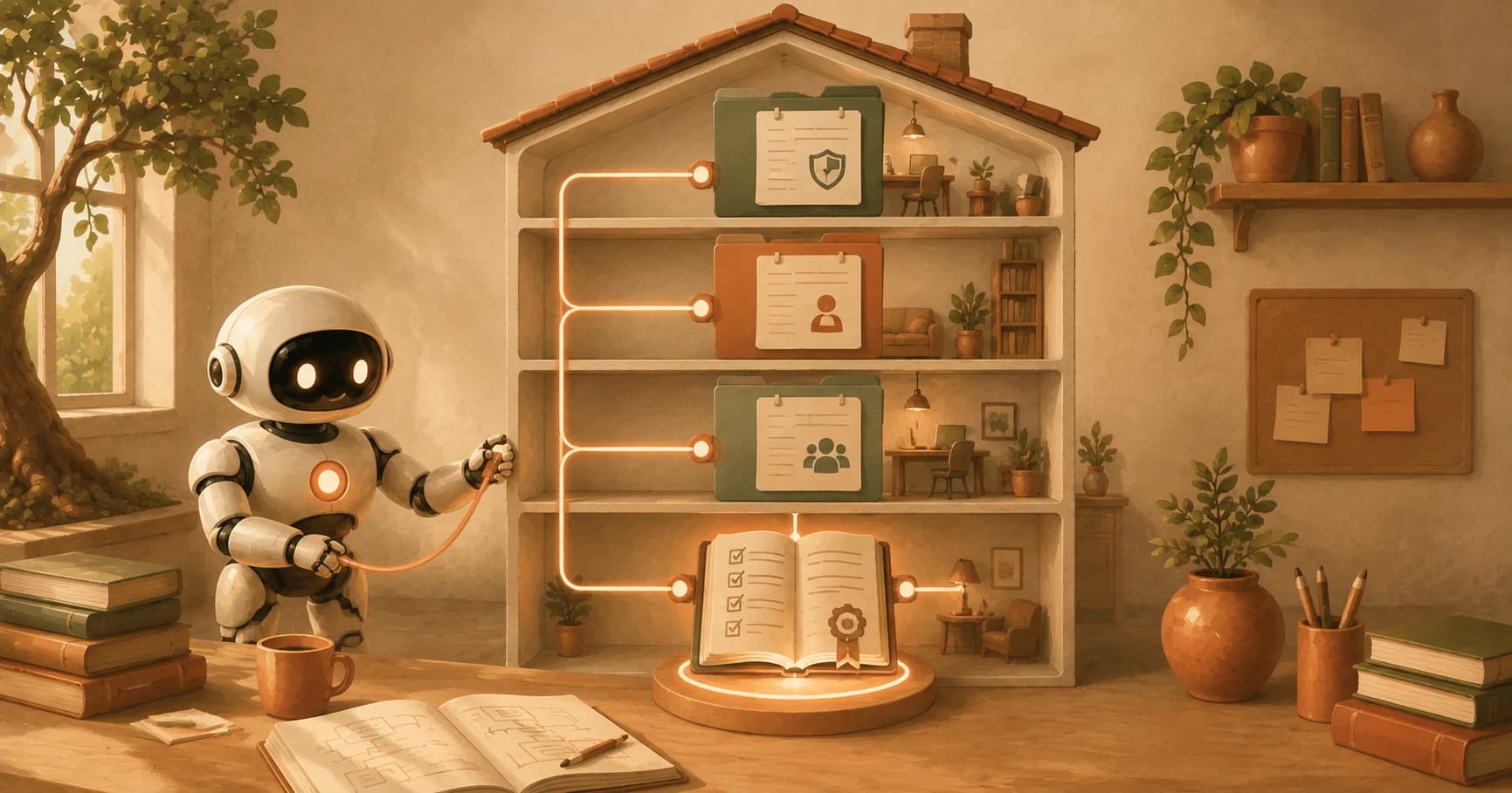 A robot standing before a small building where each floor has its own house-rules plaque, all wired to one shared rulebook in the lobby
