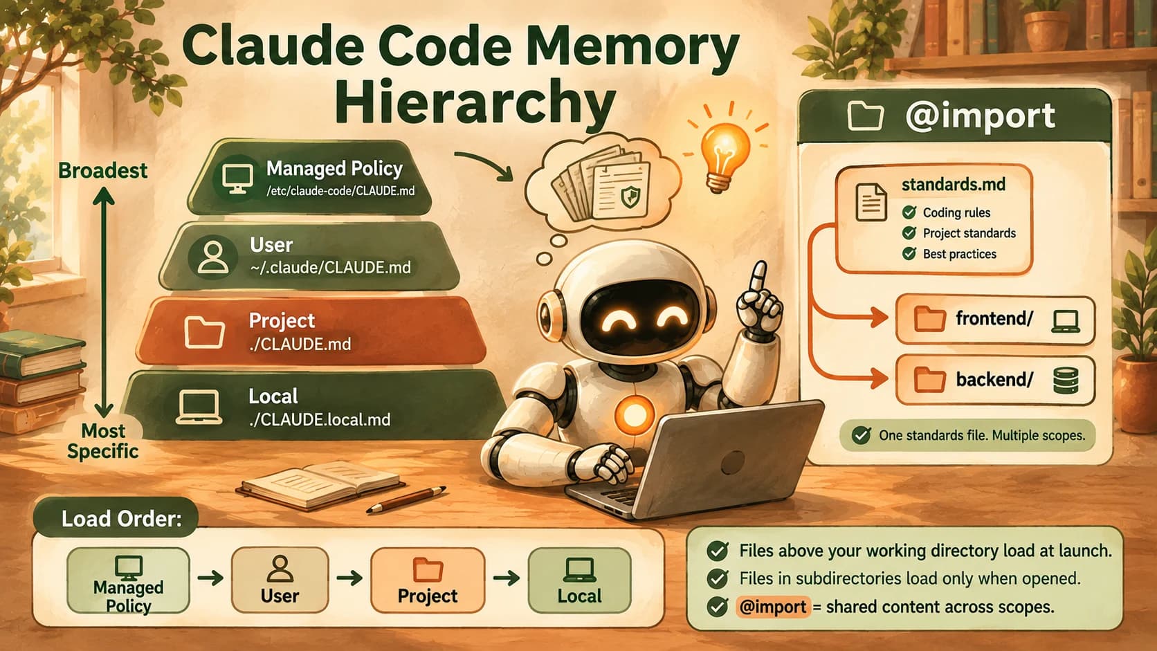 Infographic showing the CLAUDE.md hierarchy from managed policy down to local, alongside an @import panel feeding one standards file into a frontend and a backend folder