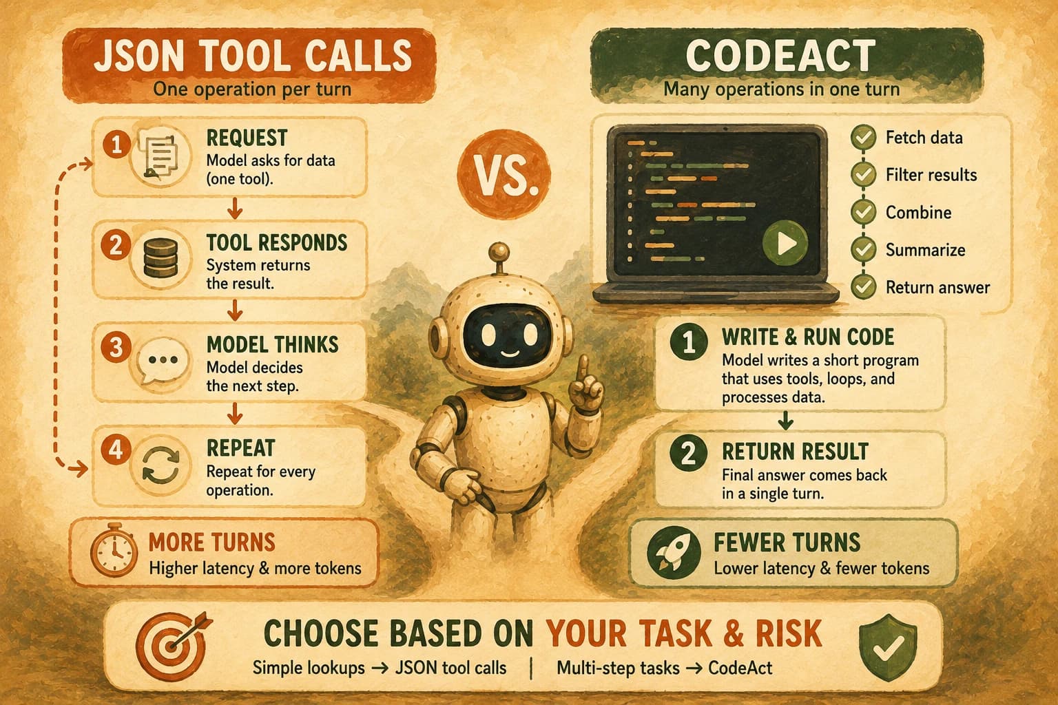 Infographic contrasting the four-step JSON tool-calling loop against CodeAct's single write-and-run-code turn