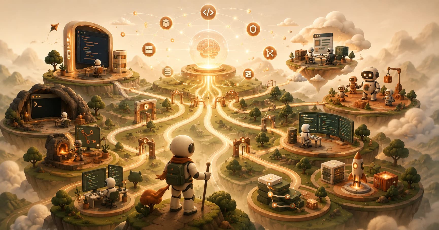 A cream-white robot studying a wall-map with several tool-creatures pinned at different spots, one path glowing brightest