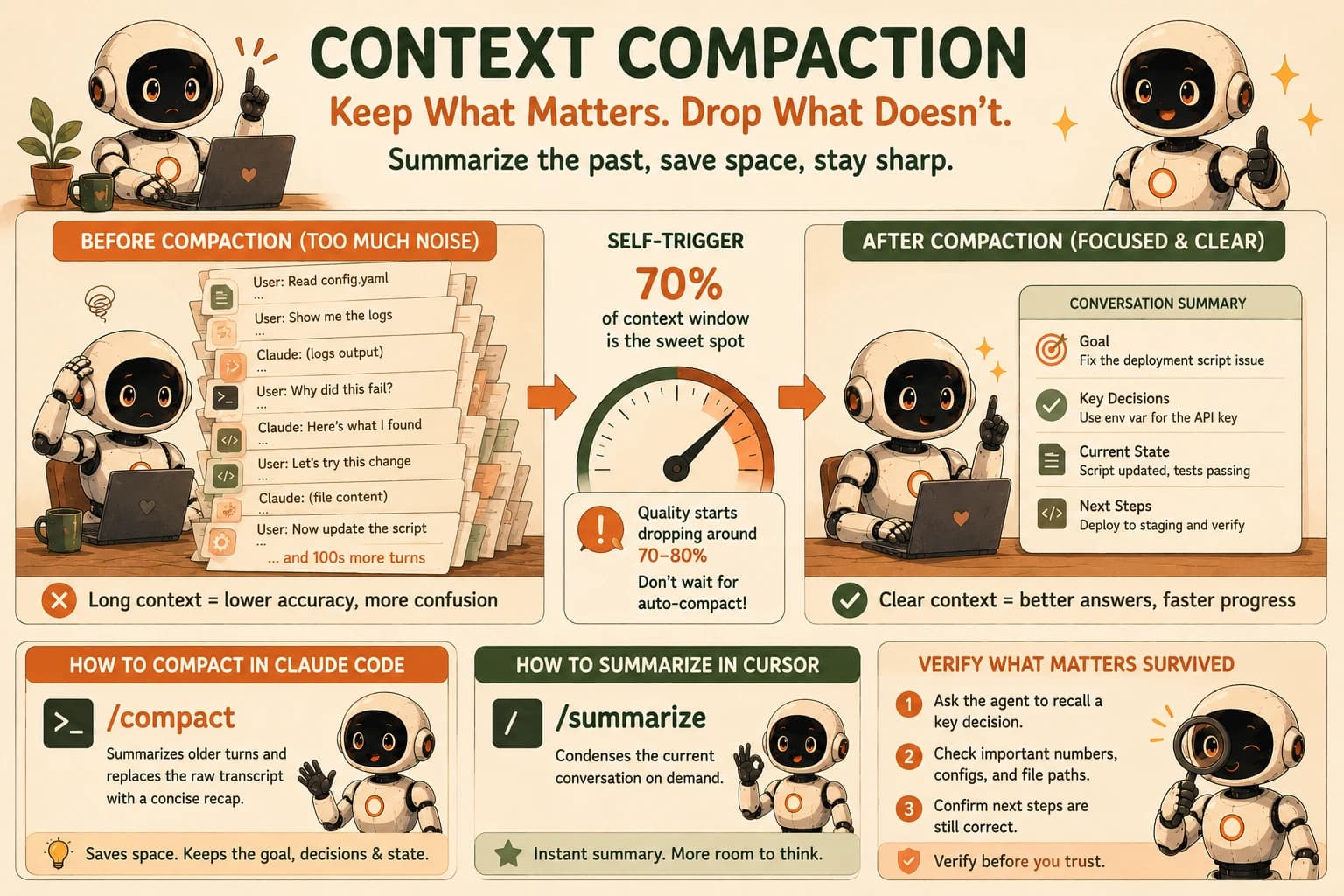 Infographic showing a cluttered pre-compaction conversation, the 70 percent self-trigger gauge, and the resulting clean post-compaction summary of goal, key decisions, current state, and next steps