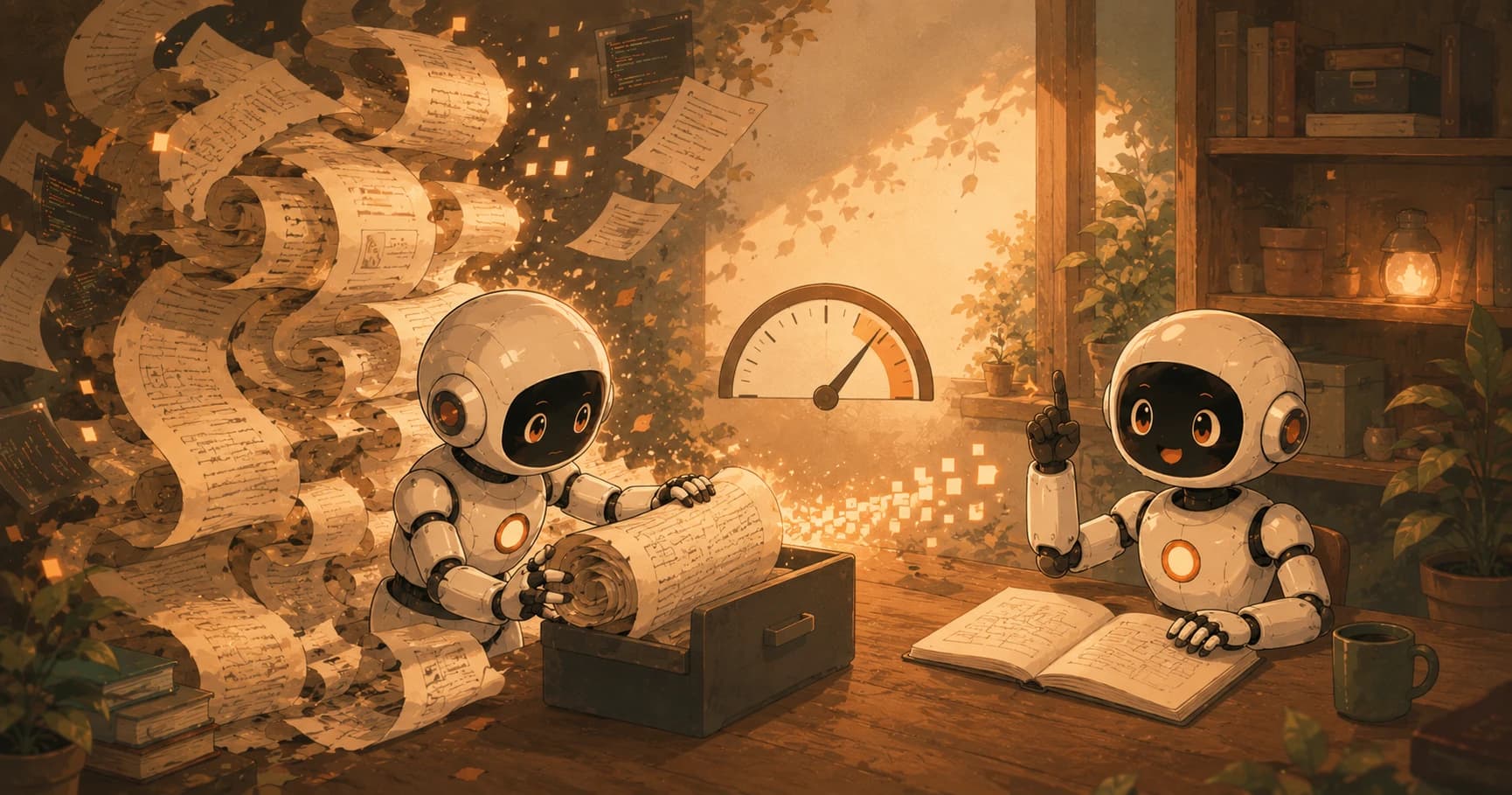 One robot packing away a long unrolled scroll of conversation history near a gauge, while a second robot works cheerfully from a tidy summary
