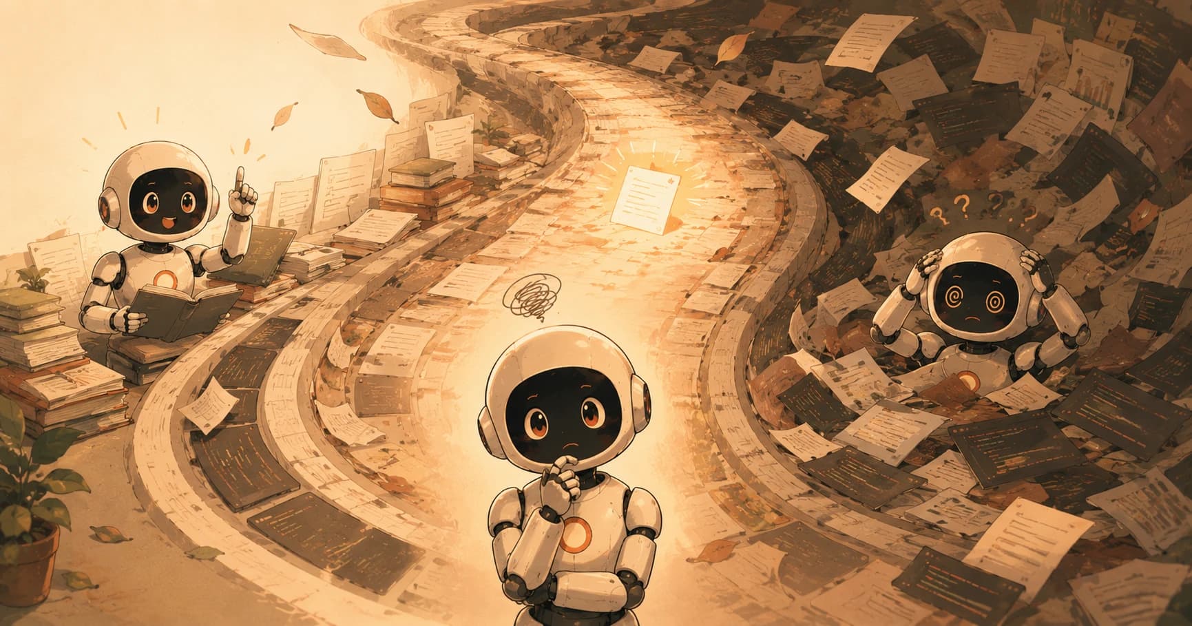Cream-white robots along a winding path of notes and papers, one reading calmly, one confused in the middle where a key note glows, and one overwhelmed by scattered pages further along