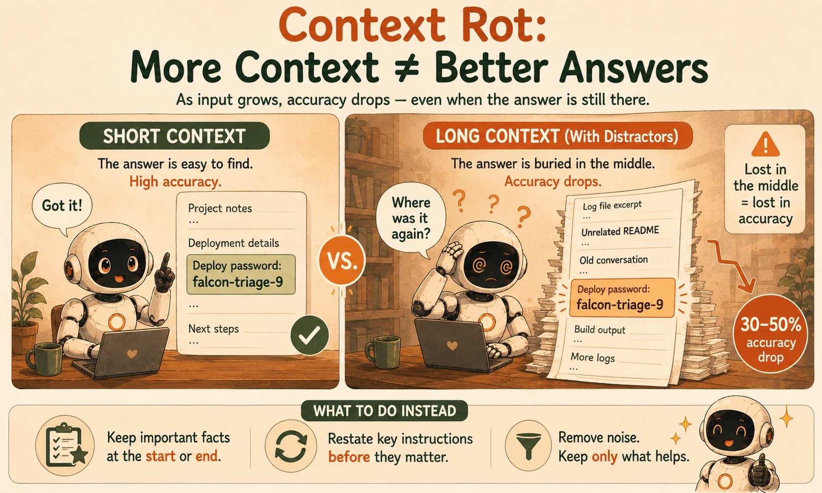 Side-by-side comparison of a robot retrieving a deploy password easily from a short context versus struggling to find the same password buried among distractors in a long context, with a 30 to 50 percent accuracy drop called out