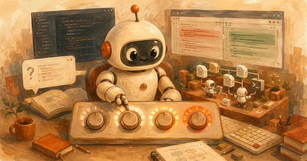 A cream-white robot at a control panel with three glowing autonomy dials