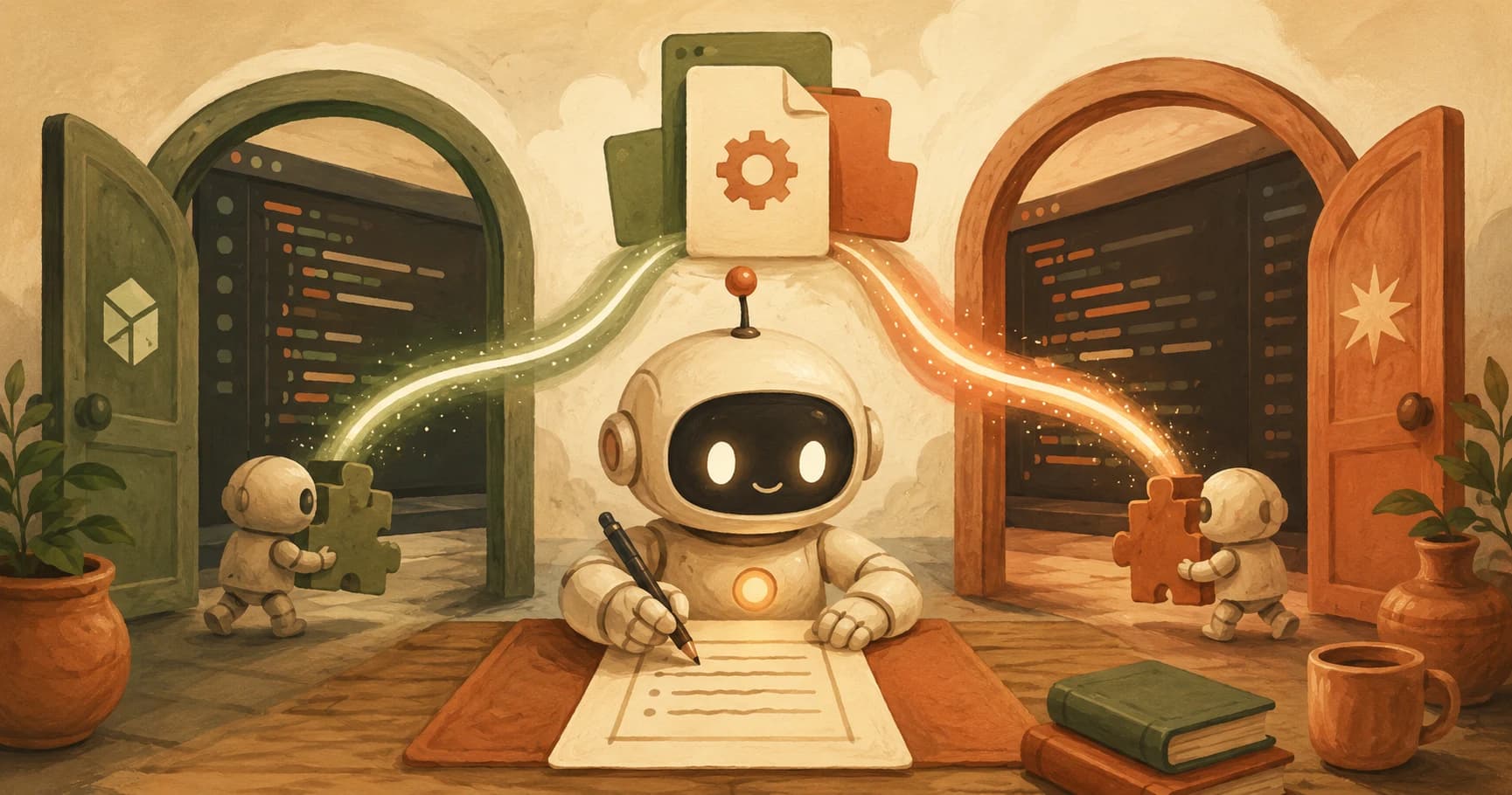 A robot writing one rule card that fits two different editor doorways