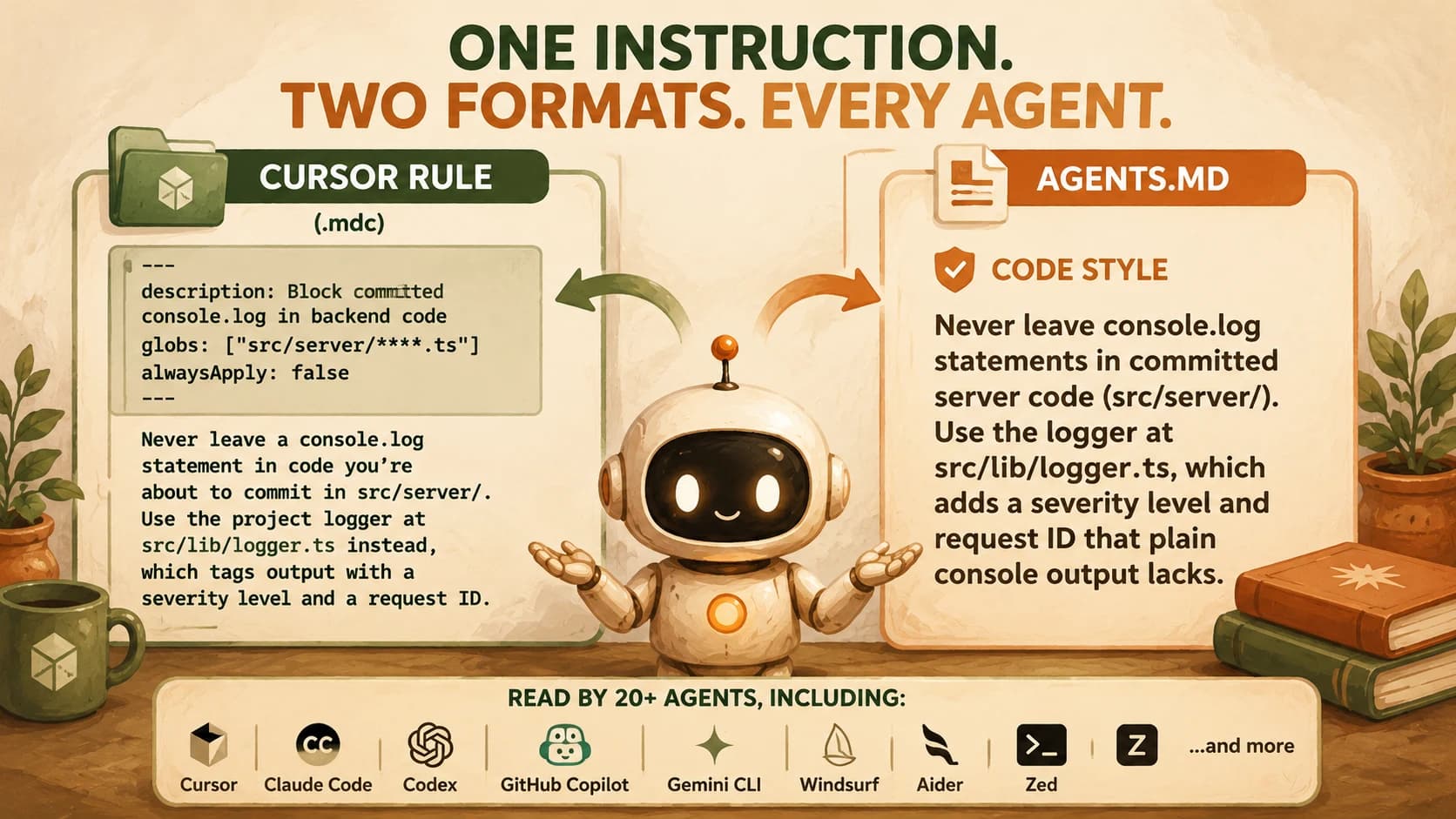 The same no-console-log instruction shown as a scoped Cursor rule on one side and an AGENTS.md code-style section on the other, read by more than twenty different agents