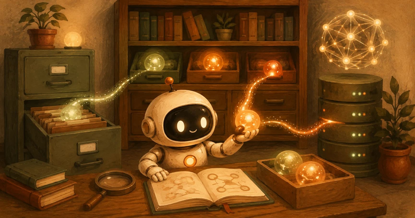 A robot depositing a glowing memory orb into a vault of shelves