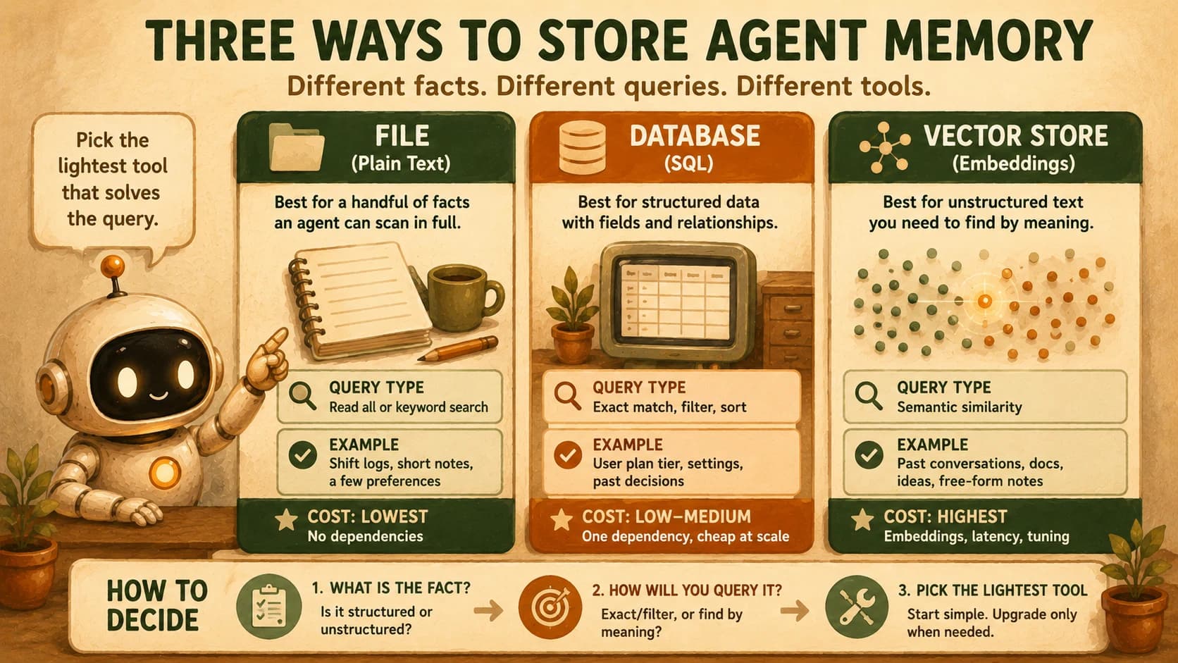 Infographic comparing files, databases, and vector stores as three ways to store agent memory
