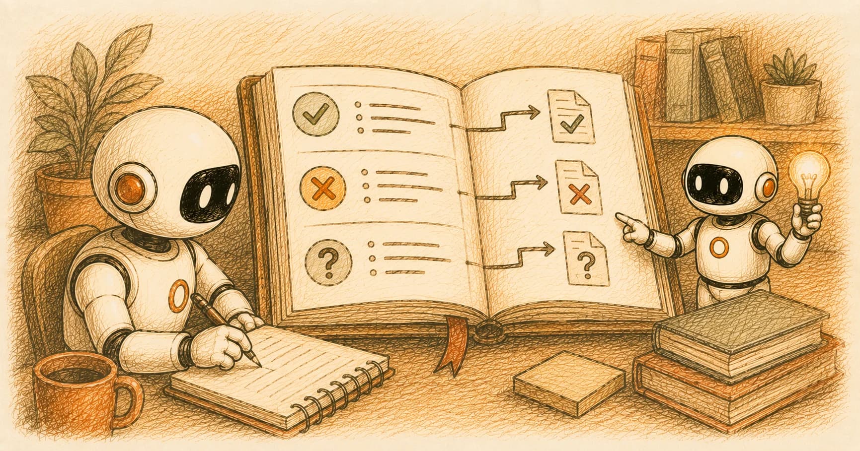 A cream-white robot writing in a glowing logbook on a lectern
