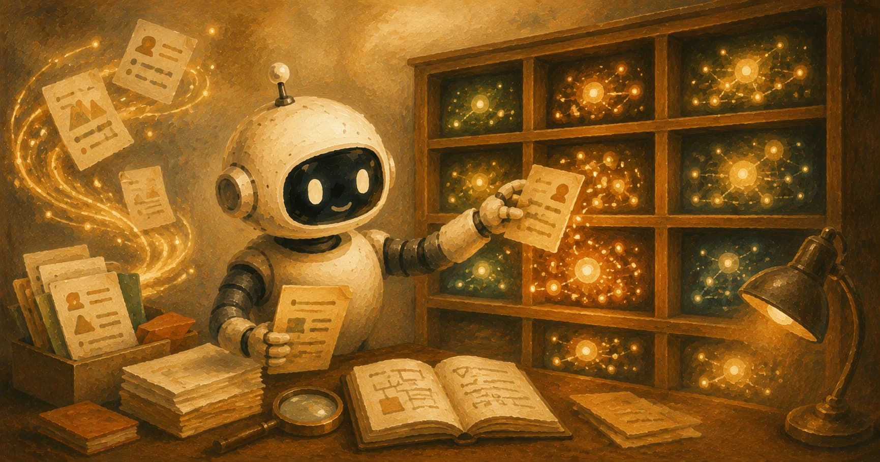 A robot filing documents onto a glowing shelf where similar items cluster together