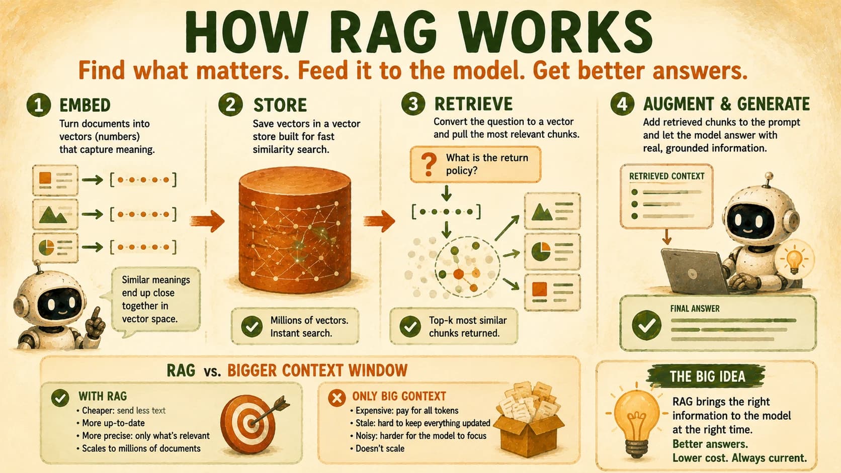 Infographic showing the four-step RAG pipeline: embed, store, retrieve, augment and generate, alongside a comparison of RAG versus a bigger context window
