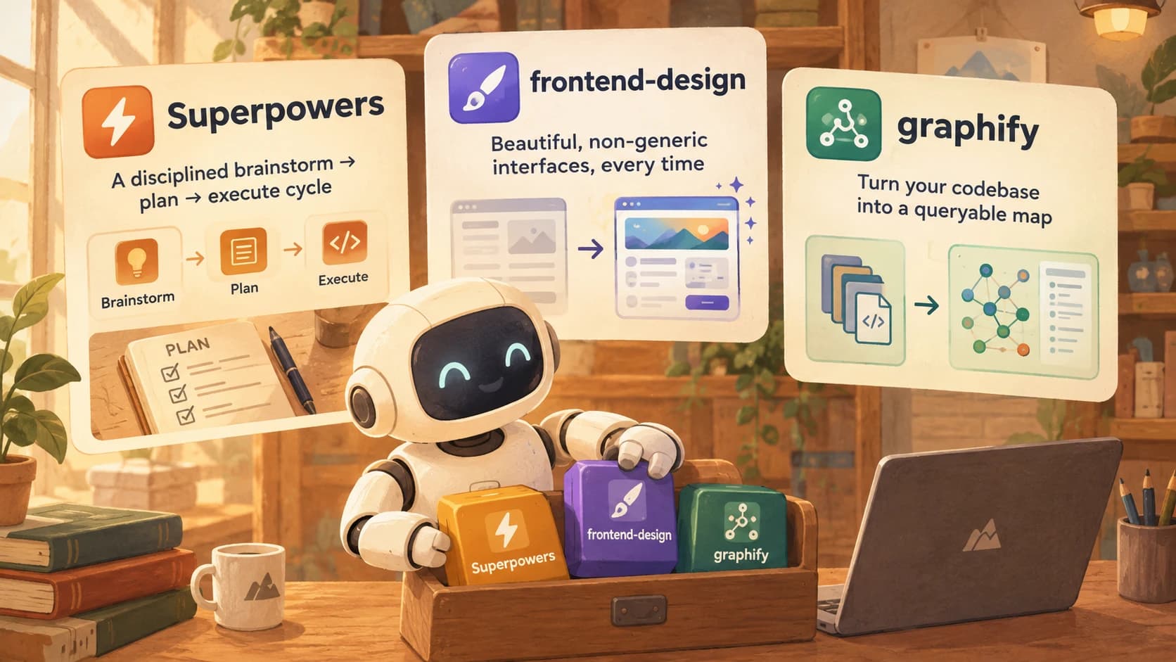 A cream-white robot holding three labeled crates: Superpowers, frontend-design, and graphify, each with a mini description card behind it