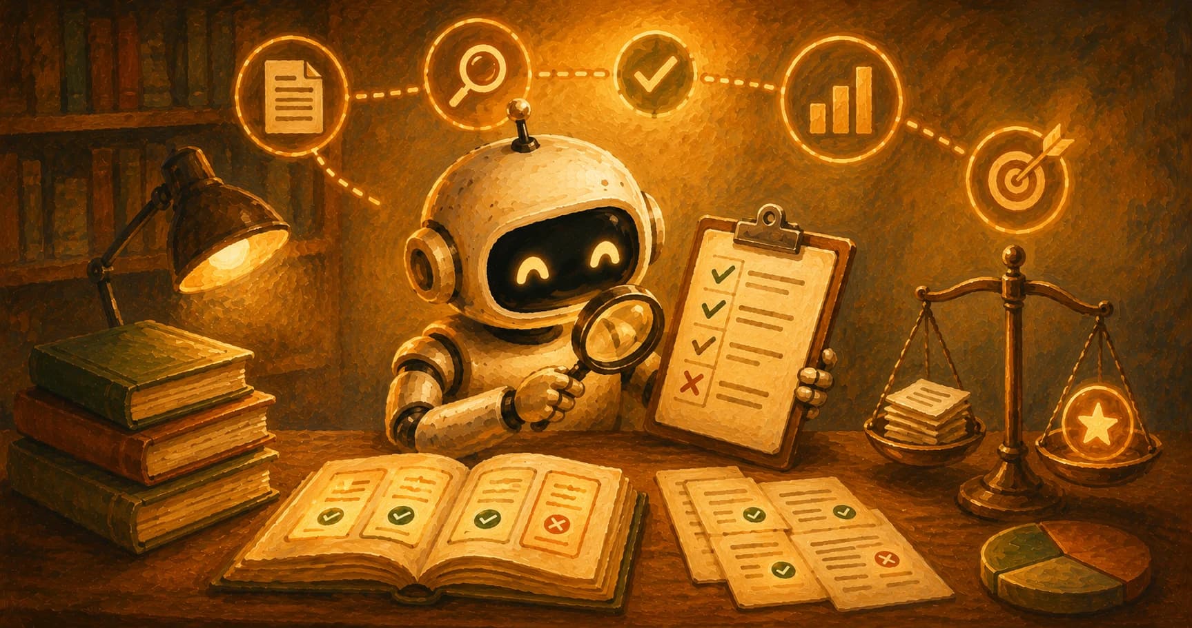A robot at a desk checking retrieved documents against a scorecard with checkmarks and Xs, next to a balance scale and a bar chart