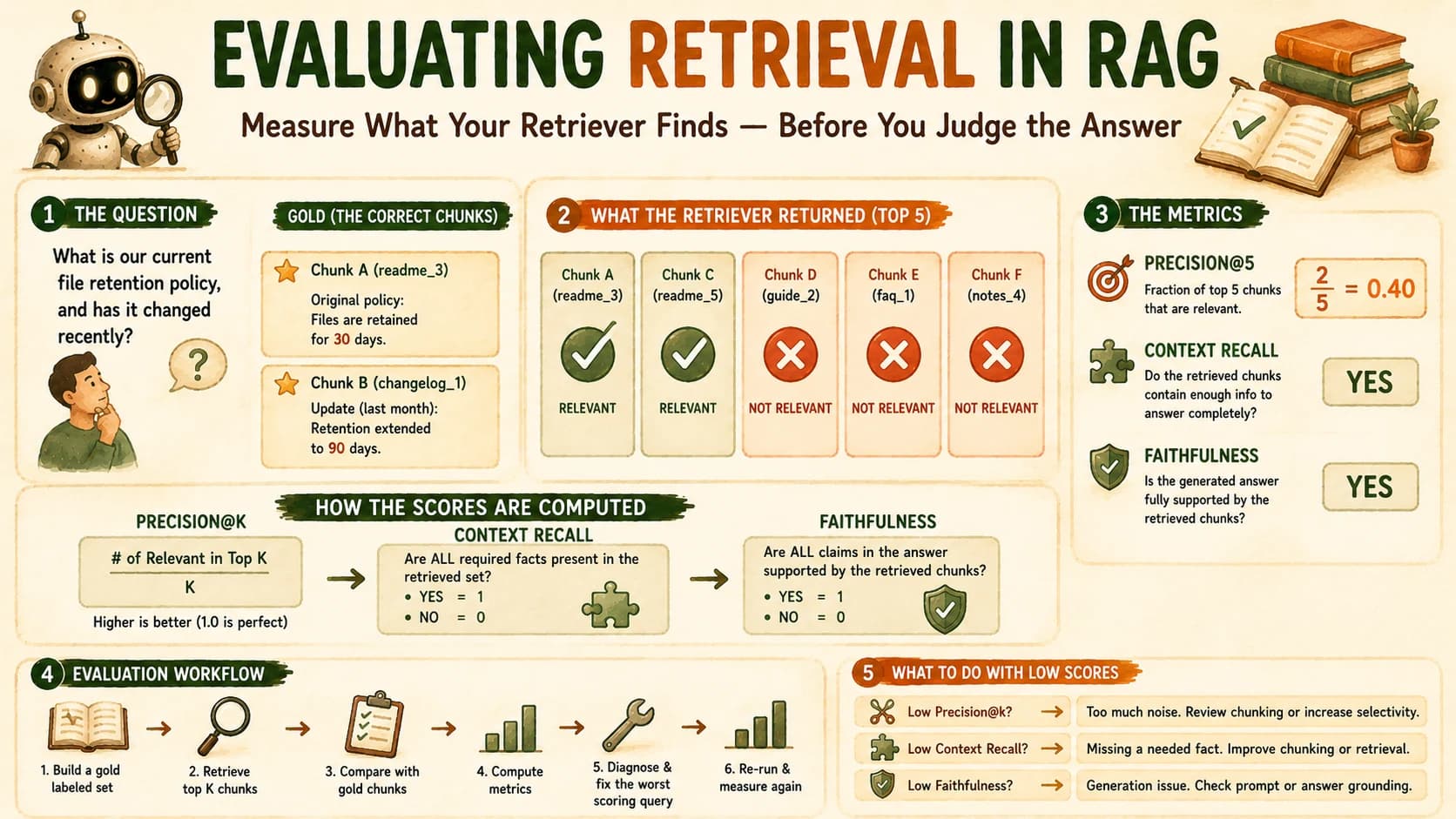 Infographic titled Evaluating Retrieval in RAG, showing the retention-policy example's gold chunks against the top 5 retrieved chunks, the precision@k, context recall, and faithfulness formulas, a six-step evaluation workflow, and a guide for fixing low scores