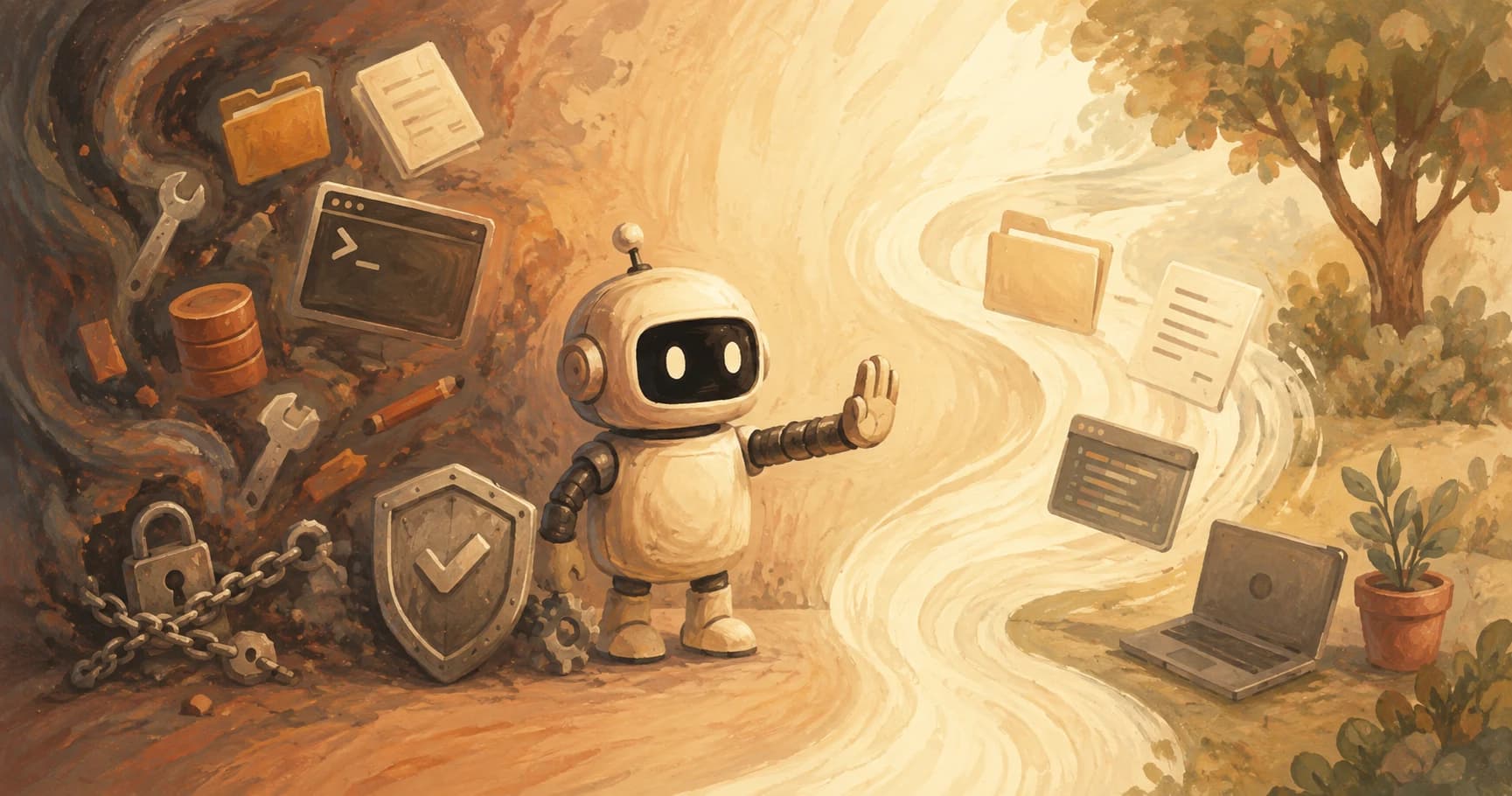 A robot facing a solid closed gate next to a paper sign it could have walked past