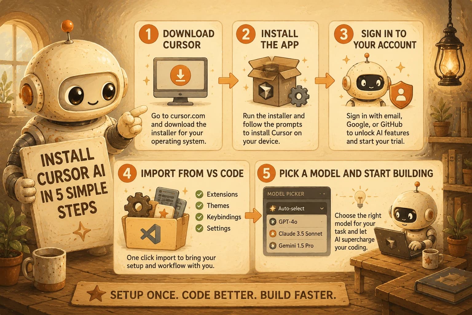 Five-step illustrated guide to installing Cursor, signing in, importing VS Code settings, and picking a model