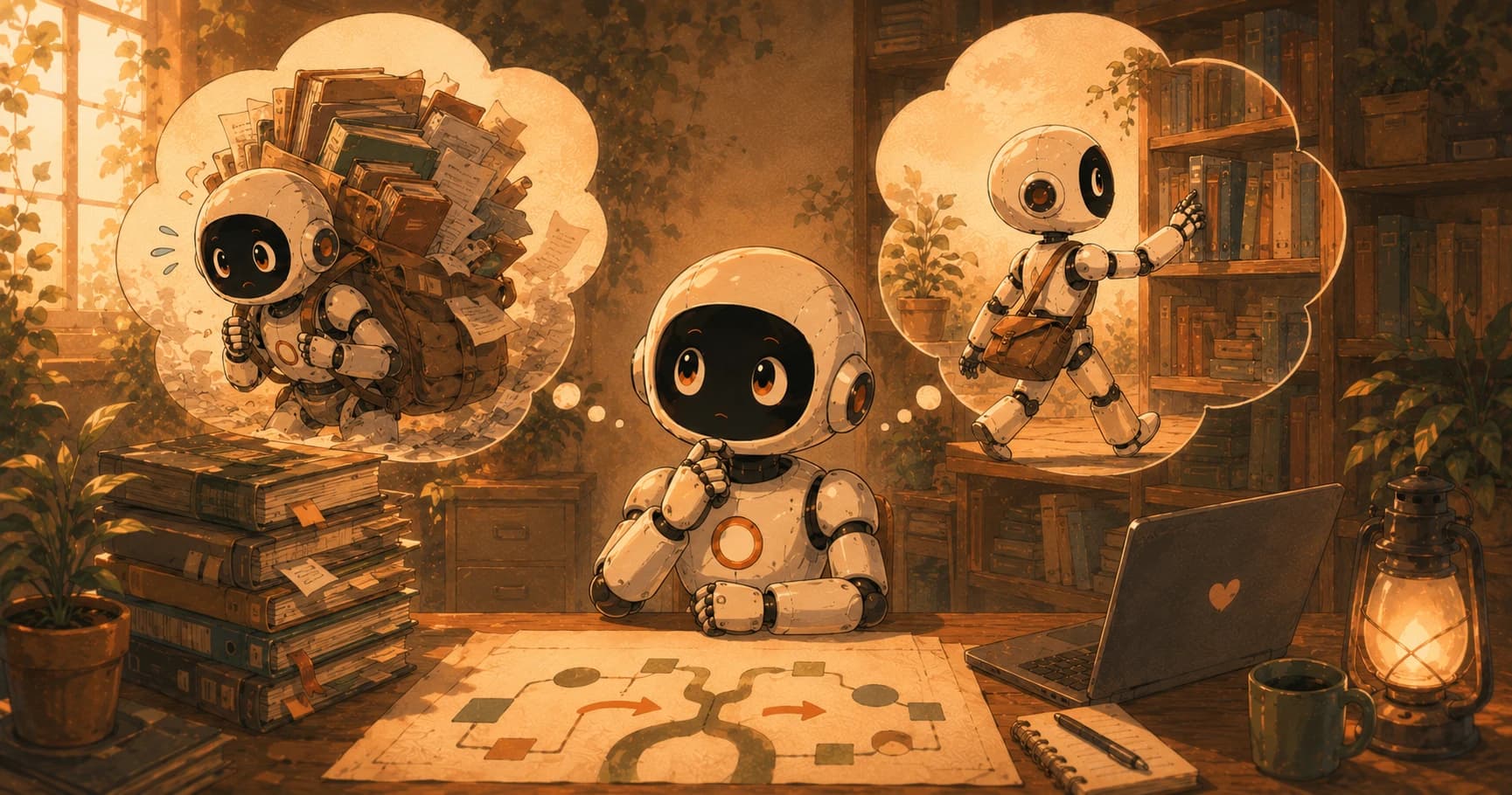 A robot choosing between a heavy backpack of pre-loaded books and a light bag for just-in-time trips to the shelf
