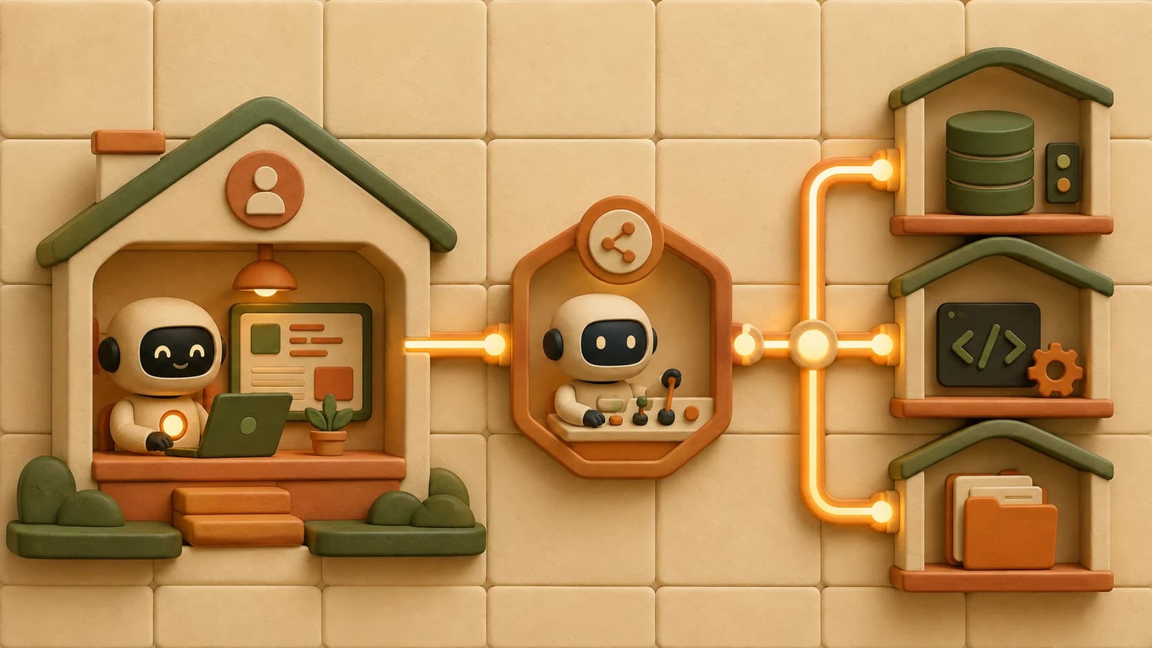 Three connected rooms representing an MCP host, client, and server, linked by a glowing message tube