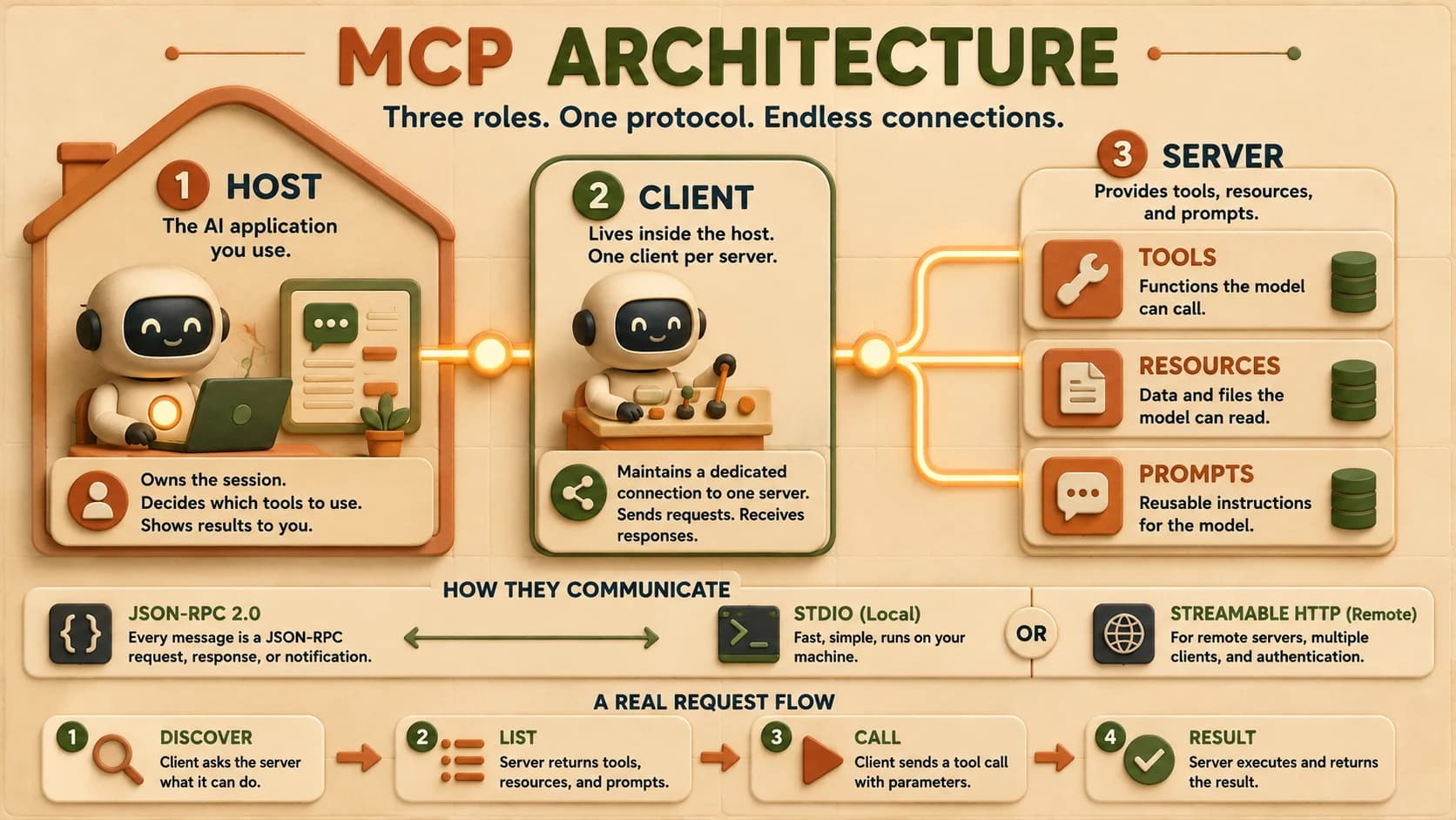 Infographic showing the MCP host, client, and server roles, how they communicate over JSON-RPC and stdio or Streamable HTTP, and the four-step discover, list, call, result request flow