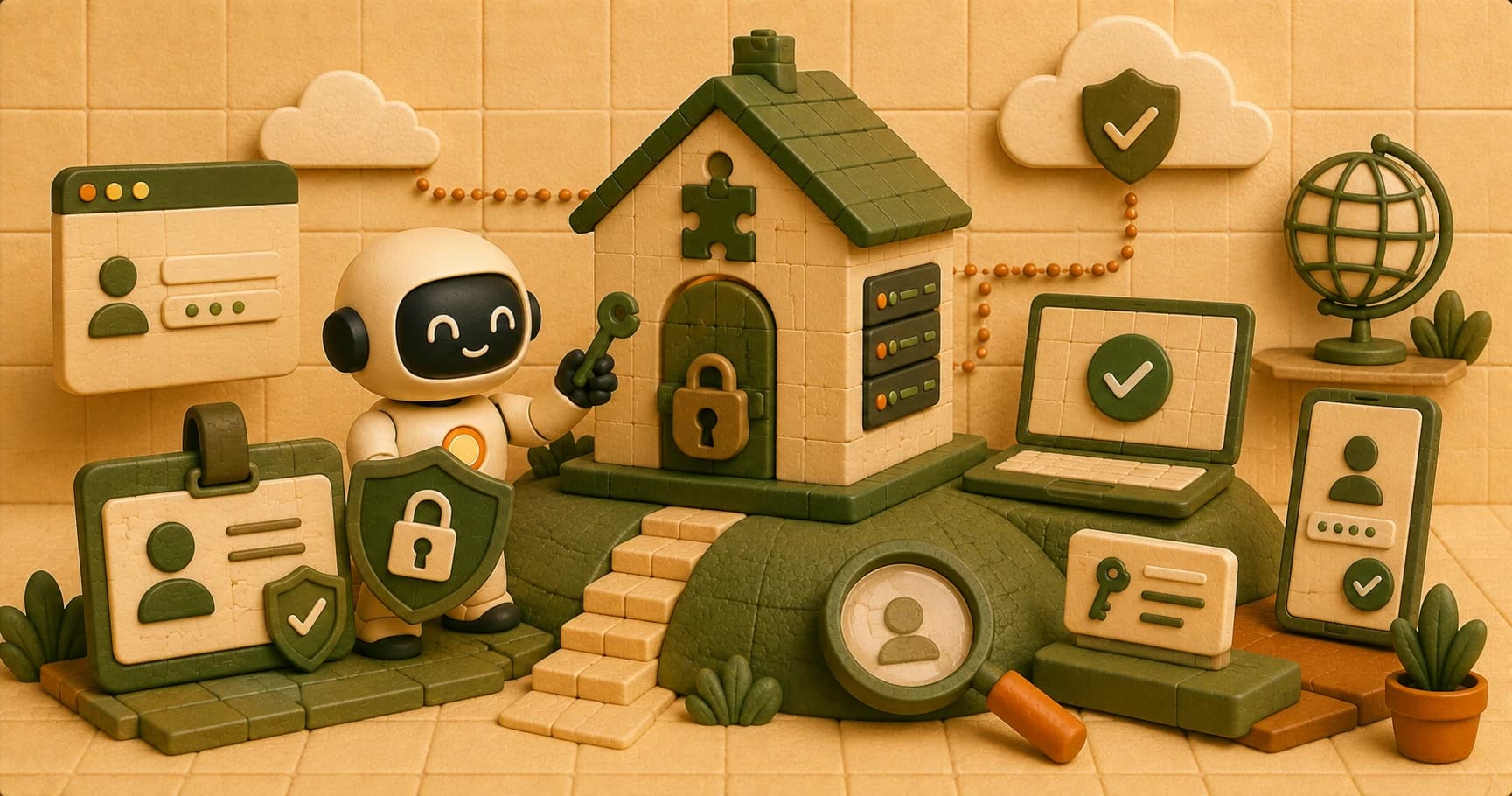 A robot fitting a lock and keycard reader onto its server hut, turning away an unbadged visitor