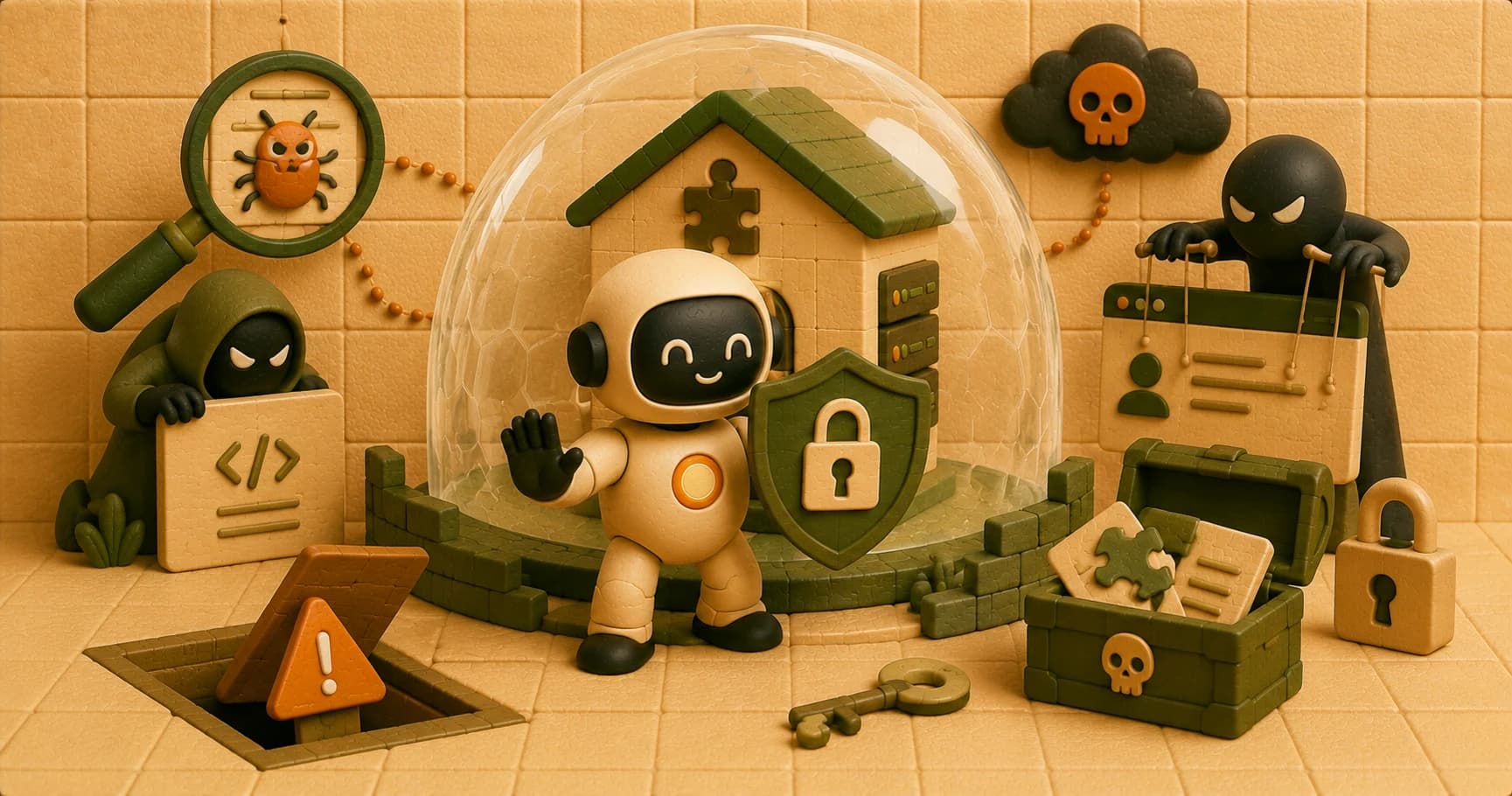 A robot inspecting a suspicious MCP server box with a magnifying glass, spotting a hidden trapdoor