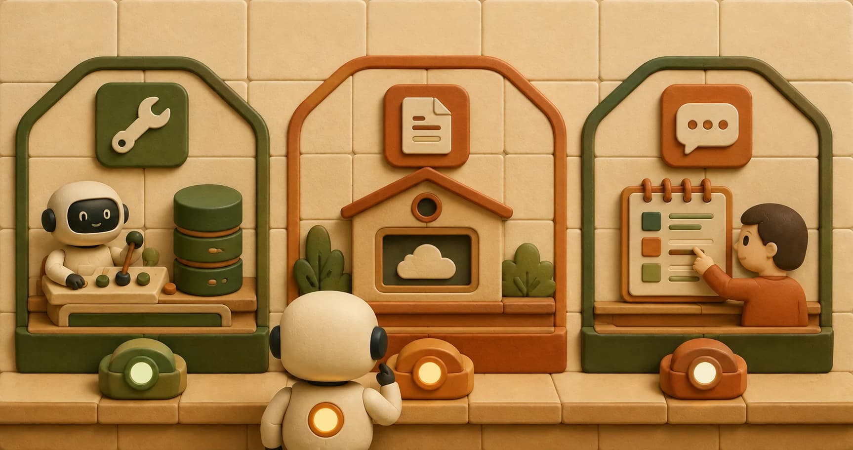 A robot at a control board with three switches, one for itself, one for the house, one for a person
